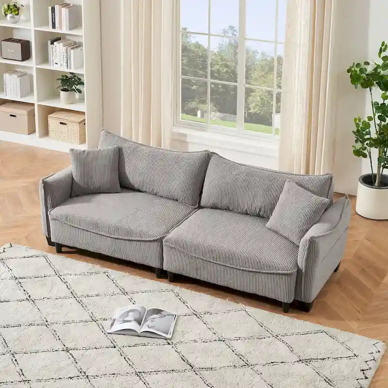 Sofá Cama de Pana Blanco / Gris / Verde con 2 Cojines Decorativos – 2 Plazas