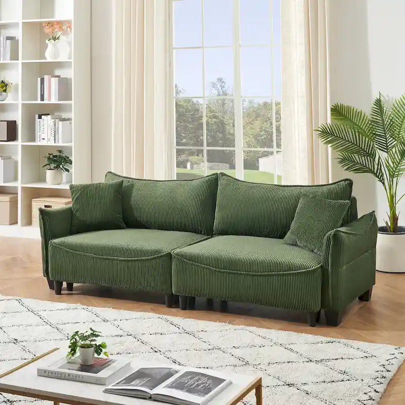Sofá Cama de Pana Blanco / Gris / Verde con 2 Cojines Decorativos – 2 Plazas