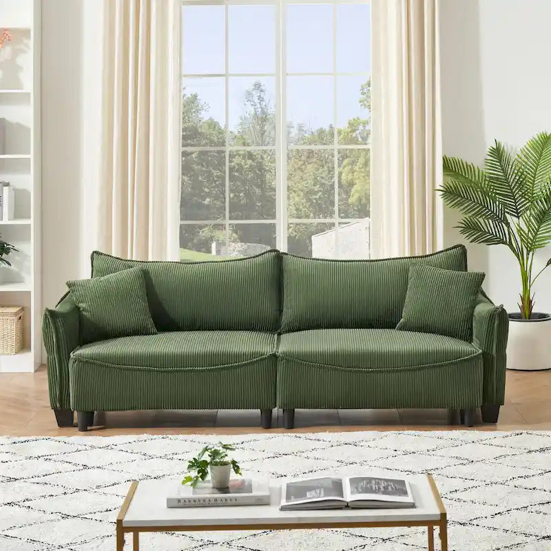 Sofá Cama de Pana Blanco / Gris / Verde con 2 Cojines Decorativos – 2 Plazas
