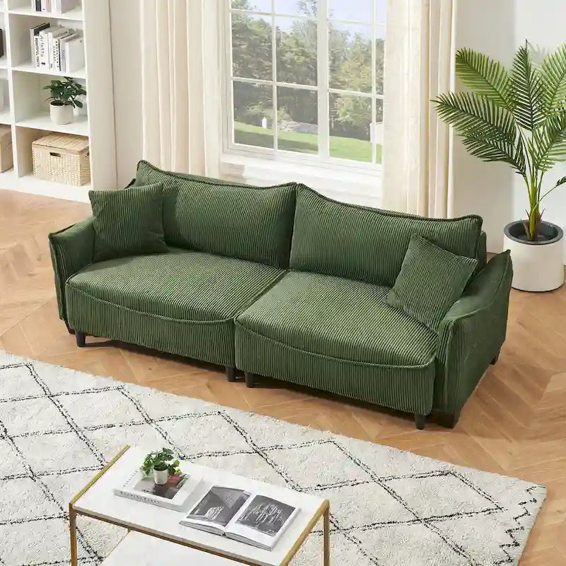 Sofá Cama de Pana Blanco / Gris / Verde con 2 Cojines Decorativos – 2 Plazas