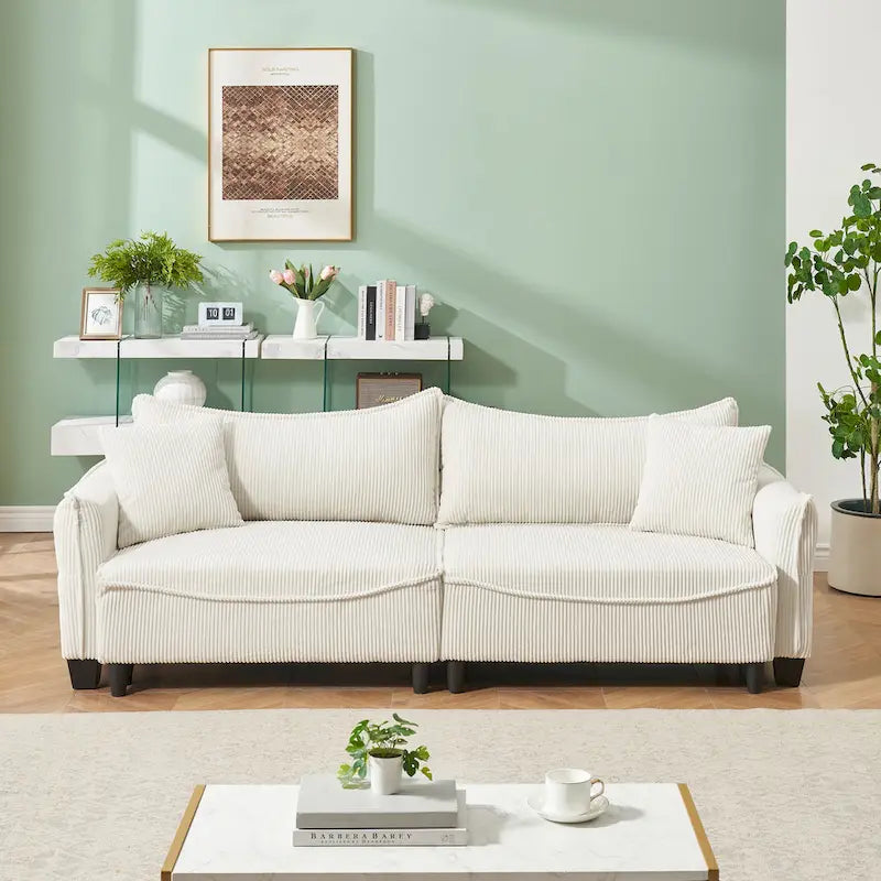 Sofá Cama de Pana Blanco / Gris / Verde con 2 Cojines Decorativos – 2 Plazas