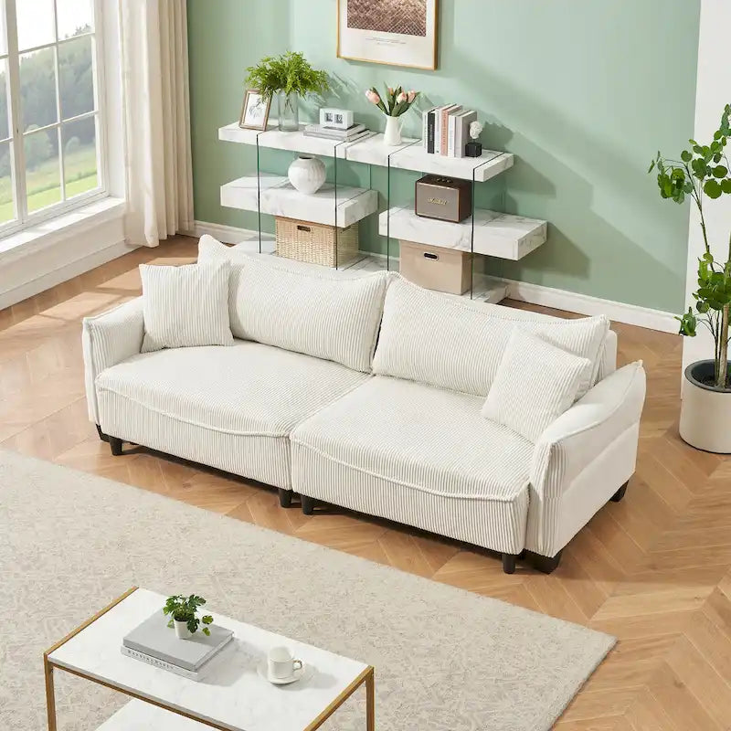 Sofá Cama de Pana Blanco / Gris / Verde con 2 Cojines Decorativos – 2 Plazas
