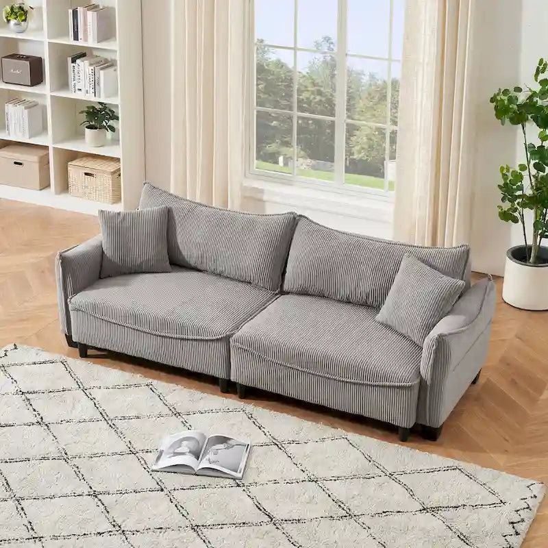 Sofá Cama de Pana Blanco / Gris / Verde con 2 Cojines Decorativos – 2 Plazas