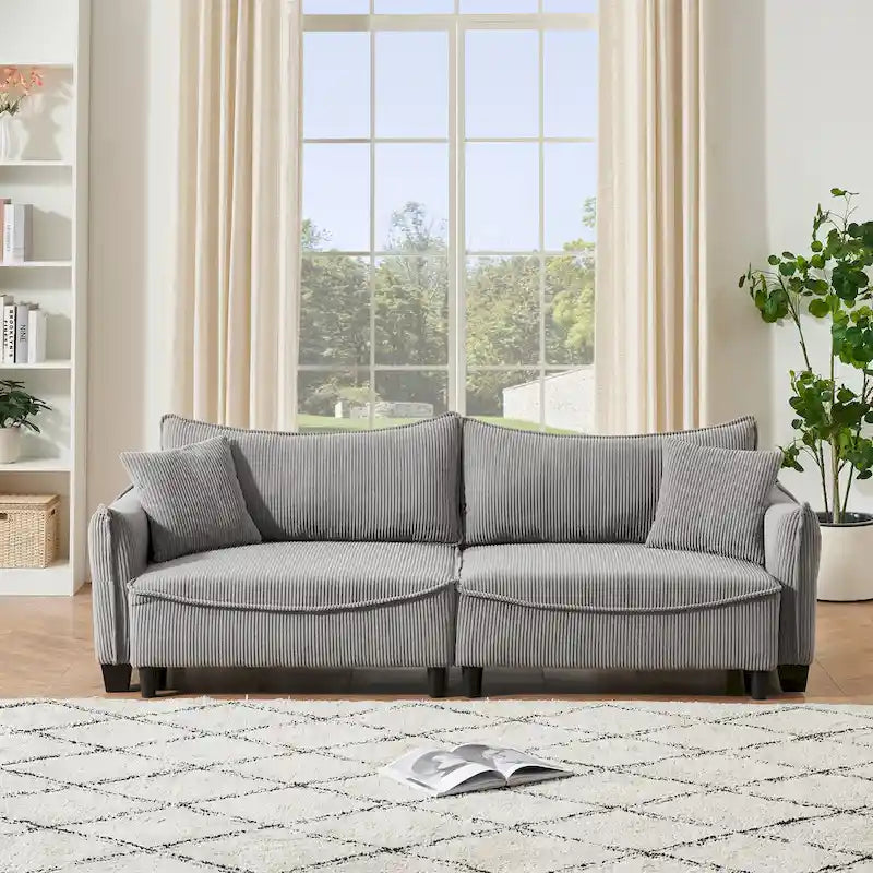 Sofá Cama de Pana Blanco / Gris / Verde con 2 Cojines Decorativos – 2 Plazas