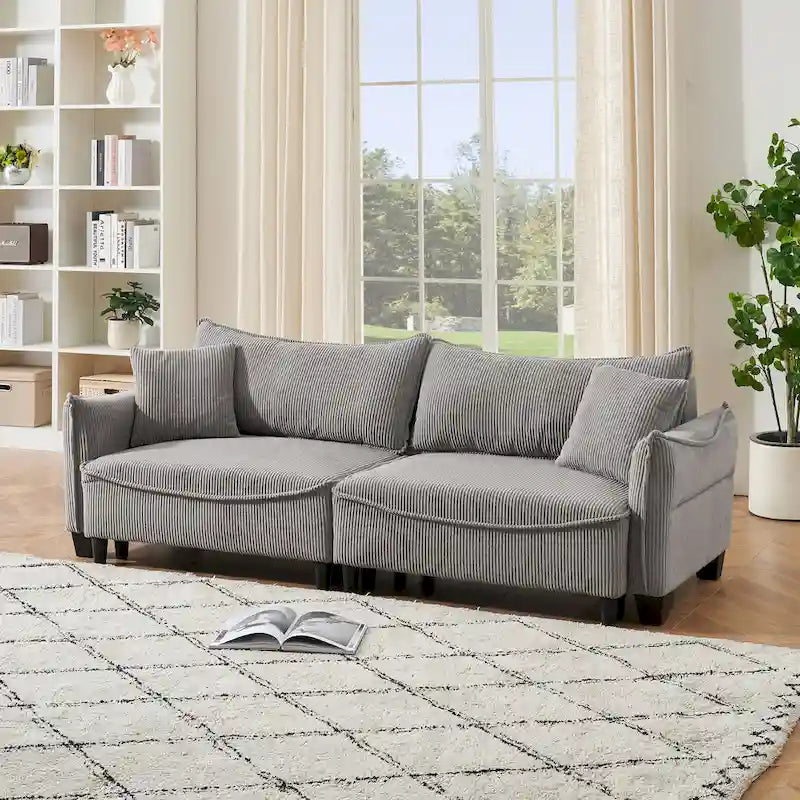 Sofá Cama de Pana Blanco / Gris / Verde con 2 Cojines Decorativos – 2 Plazas