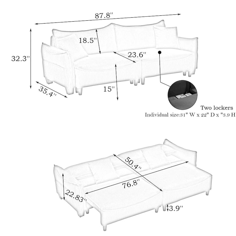 Sofá Cama de Pana Blanco / Gris / Verde con 2 Cojines Decorativos – 2 Plazas