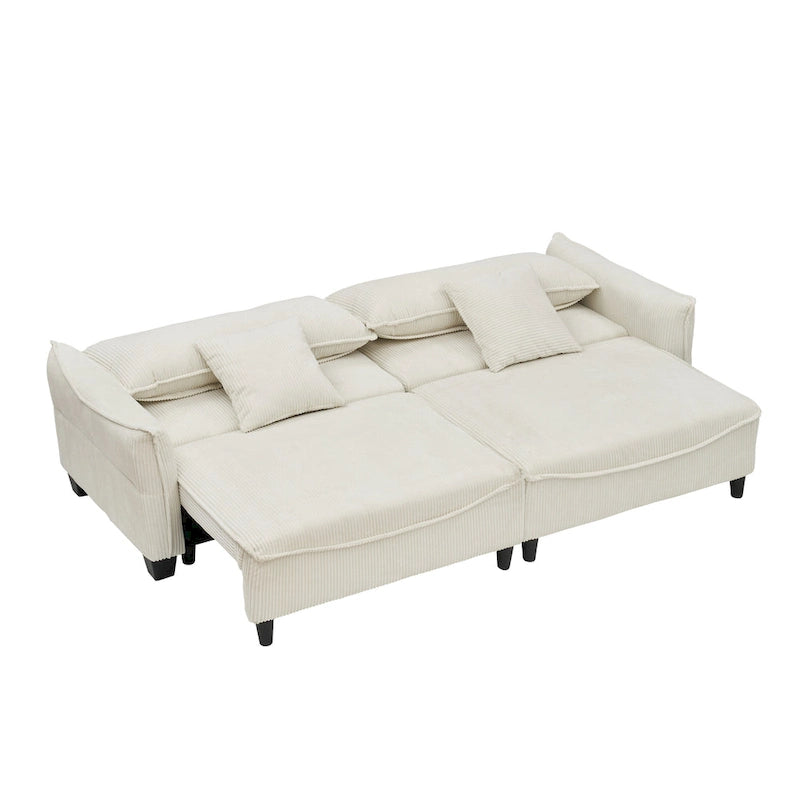 Sofá Cama de Pana Blanco / Gris / Verde con 2 Cojines Decorativos – 2 Plazas