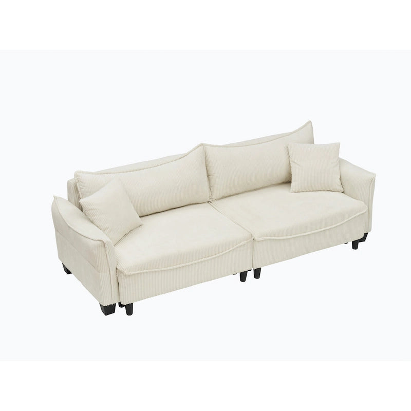 Sofá Cama de Pana Blanco / Gris / Verde con 2 Cojines Decorativos – 2 Plazas