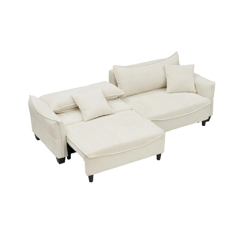 Sofá Cama de Pana Blanco / Gris / Verde con 2 Cojines Decorativos – 2 Plazas