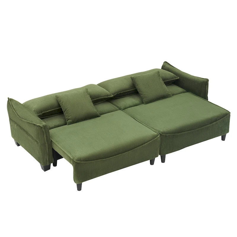 Sofá Cama de Pana Blanco / Gris / Verde con 2 Cojines Decorativos – 2 Plazas