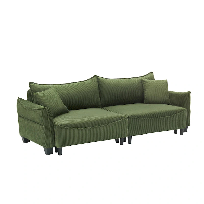 Sofá Cama de Pana Blanco / Gris / Verde con 2 Cojines Decorativos – 2 Plazas