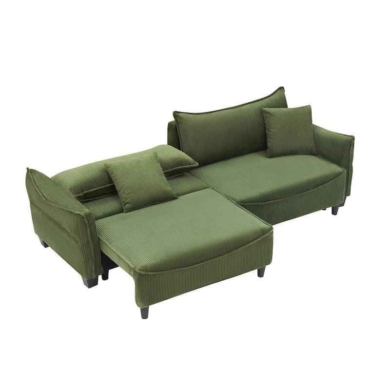 Sofá Cama de Pana Blanco / Gris / Verde con 2 Cojines Decorativos – 2 Plazas