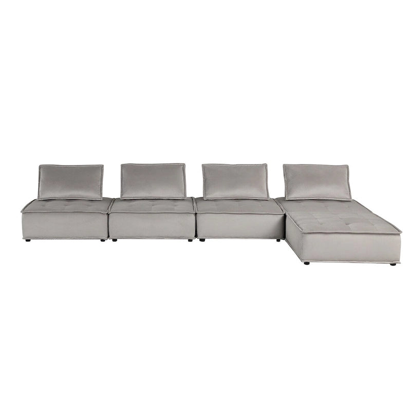 Sofá seccional modular gris claro / terciopelo negro con otomana, para 5 personas