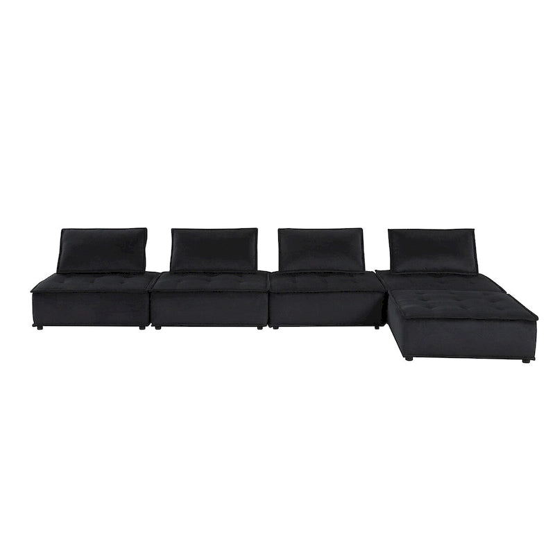Sofá seccional modular gris claro / terciopelo negro con otomana, para 5 personas