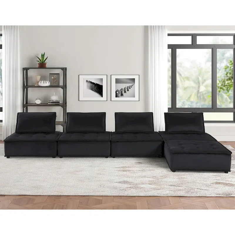 Sofá seccional modular gris claro / terciopelo negro con otomana, para 5 personas