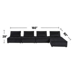 Sofá seccional modular gris claro / terciopelo negro con otomana, para 5 personas