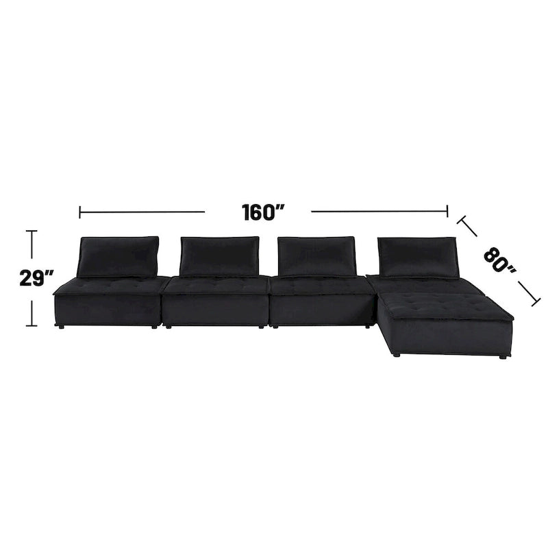 Sofá seccional modular gris claro / terciopelo negro con otomana, para 5 personas