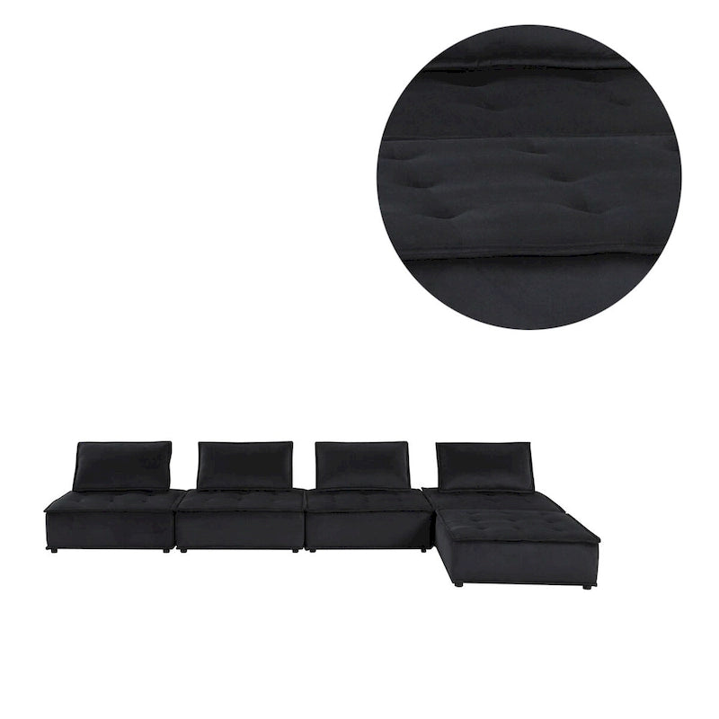 Sofá seccional modular gris claro / terciopelo negro con otomana, para 5 personas