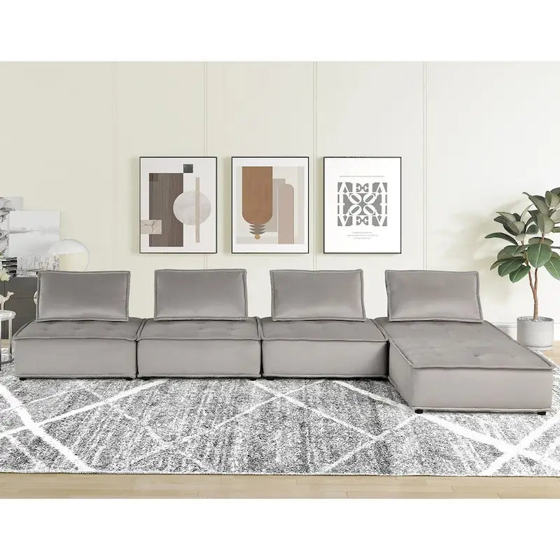 Sofá seccional modular gris claro / terciopelo negro con otomana, para 5 personas