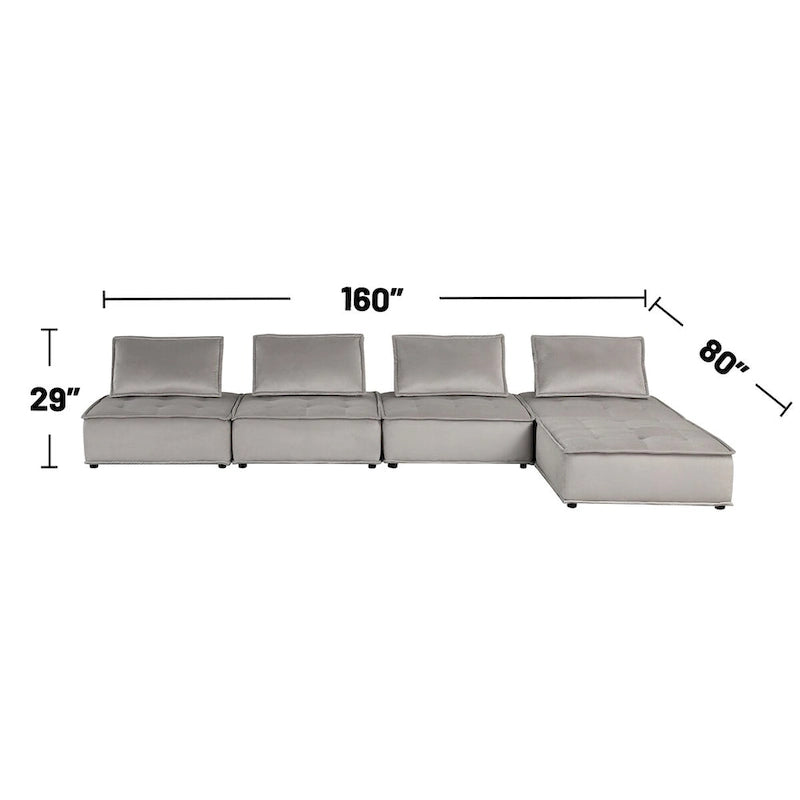 Sofá seccional modular gris claro / terciopelo negro con otomana, para 5 personas