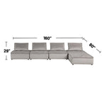 Sofá seccional modular gris claro / terciopelo negro con otomana, para 5 personas