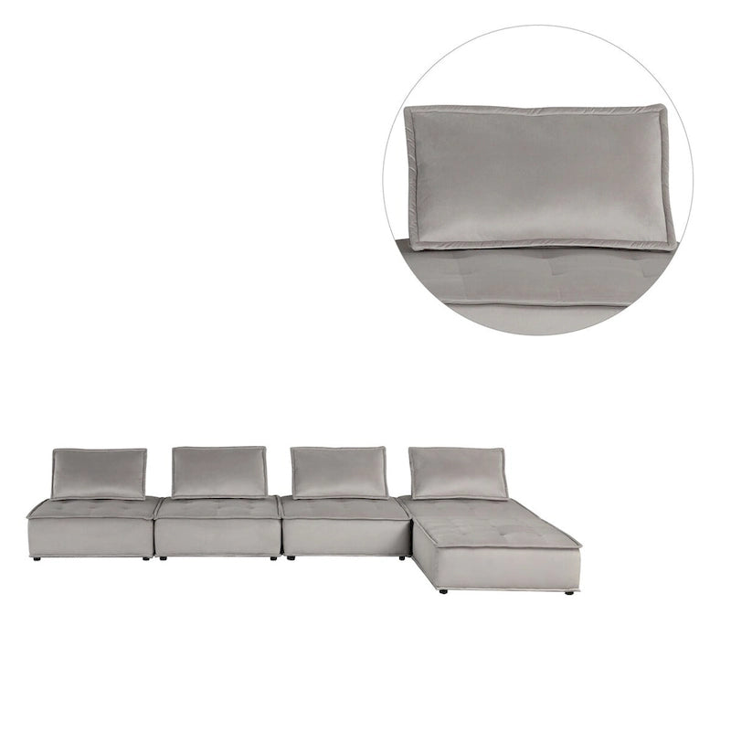 Sofá seccional modular gris claro / terciopelo negro con otomana, para 5 personas