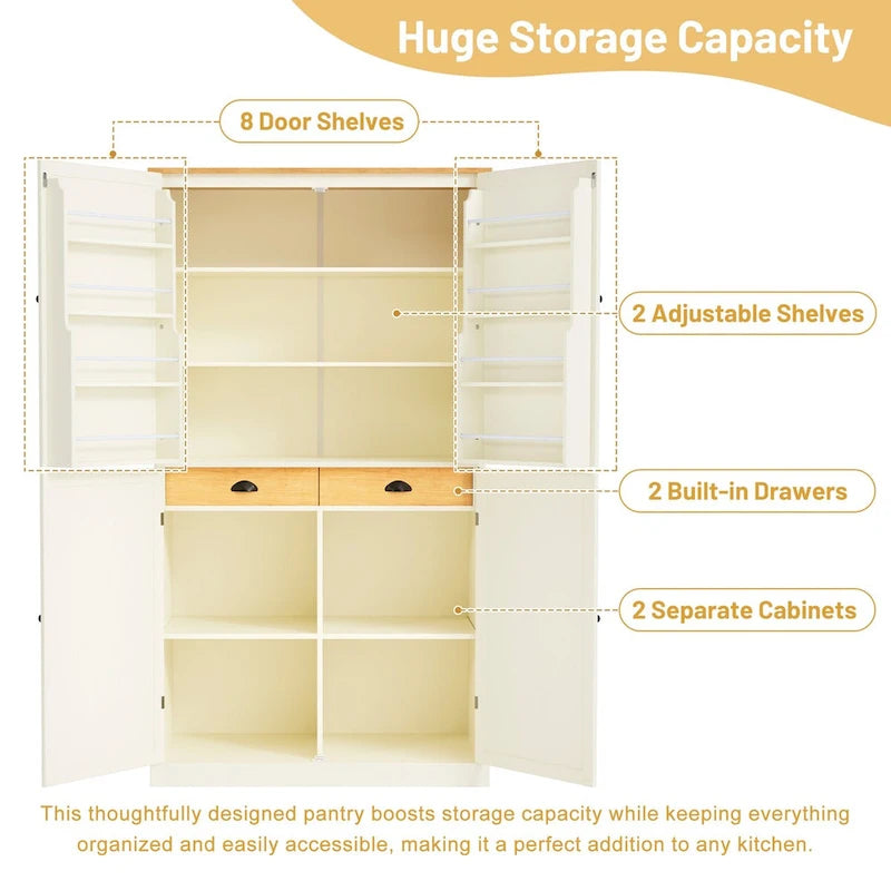 Armario/Despensa de Cocina Independiente Alto de 40.2x20x71.3 pulgadas con 2 Cajones, 2 Estantes Ajustables, 8 Estantes en la Puerta
