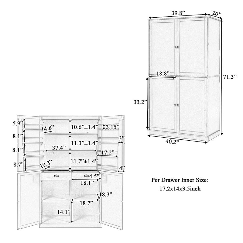 Armario/Despensa de Cocina Independiente Alto de 40.2x20x71.3 pulgadas con 2 Cajones, 2 Estantes Ajustables, 8 Estantes en la Puerta