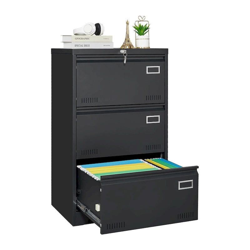 Archivador lateral metálico de 3 cajones, negro / negro y blanco / blanco, con cerradura, para 1 persona