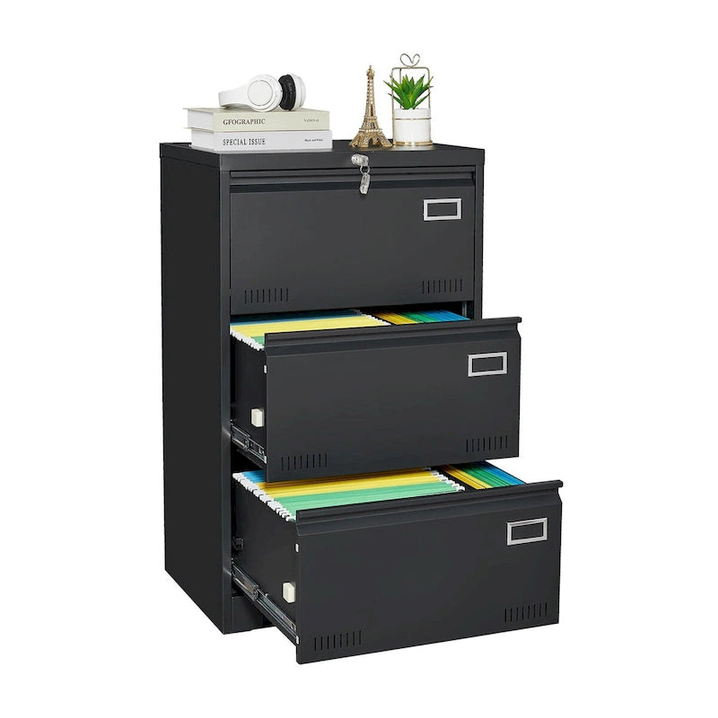 Archivador lateral metálico de 3 cajones, negro / negro y blanco / blanco, con cerradura, para 1 persona