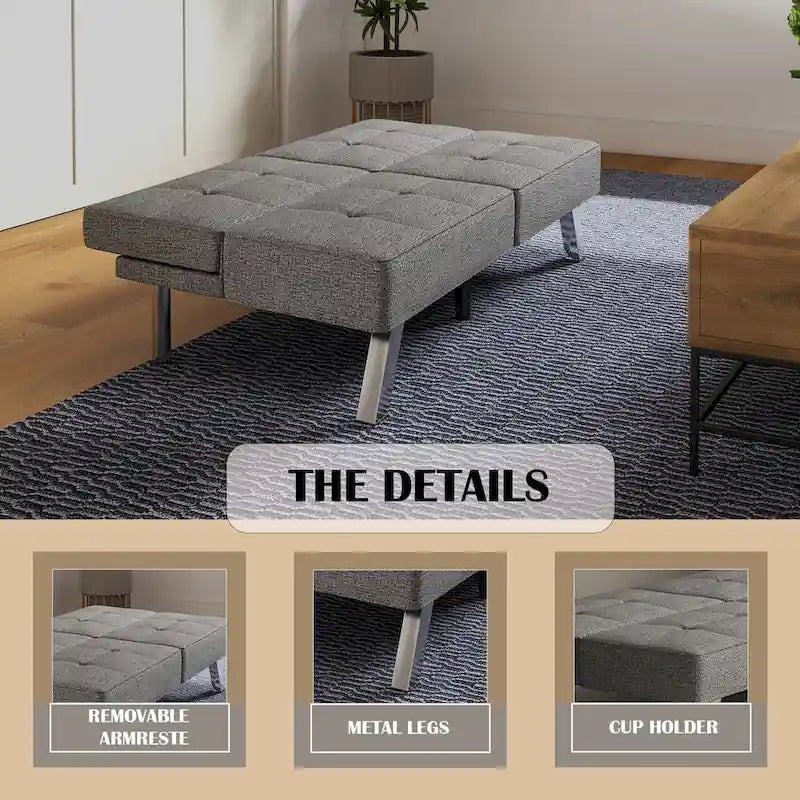 Sofá cama futón convertible de lino gris, individual
