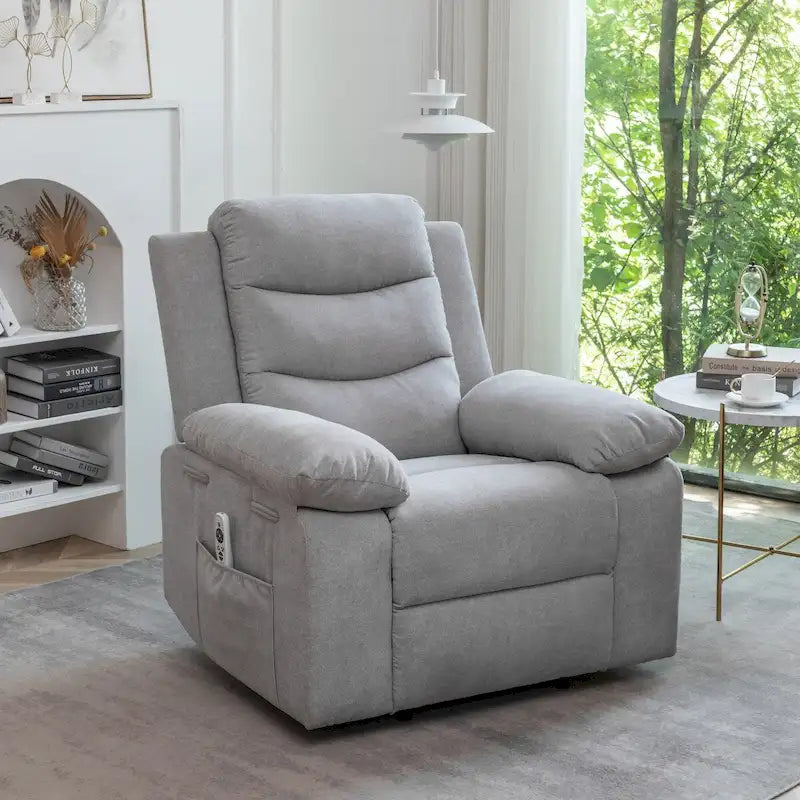 Sillón reclinable eléctrico de terciopelo gris claro con diseño ergonómico, calor, masaje, estructura de acero