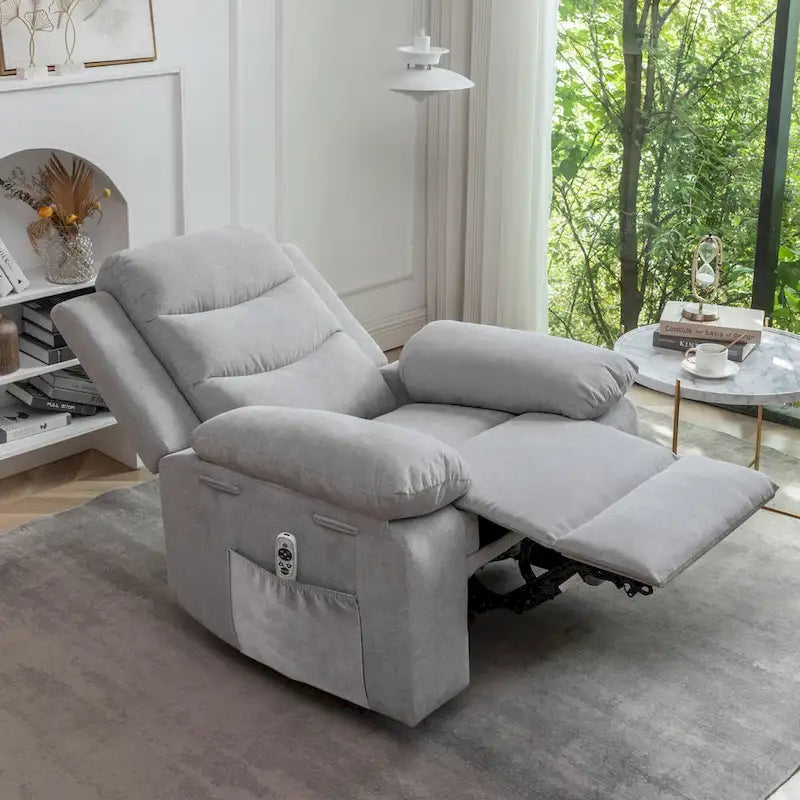 Sillón reclinable eléctrico de terciopelo gris claro con diseño ergonómico, calor, masaje, estructura de acero
