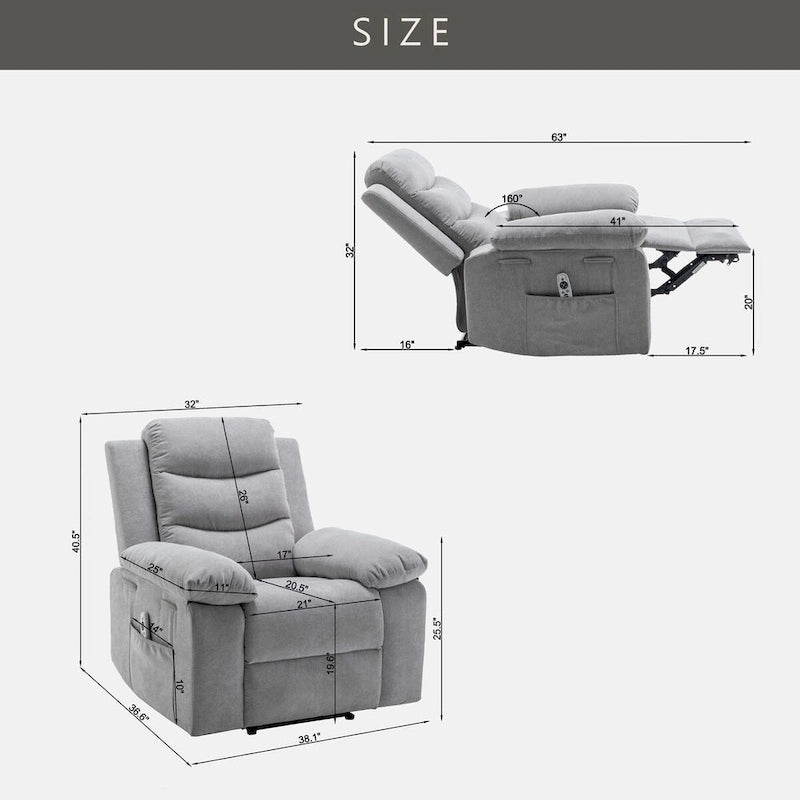 Sillón reclinable eléctrico de terciopelo gris claro con diseño ergonómico, calor, masaje, estructura de acero
