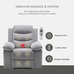 Sillón reclinable eléctrico de terciopelo gris claro con diseño ergonómico, calor, masaje, estructura de acero