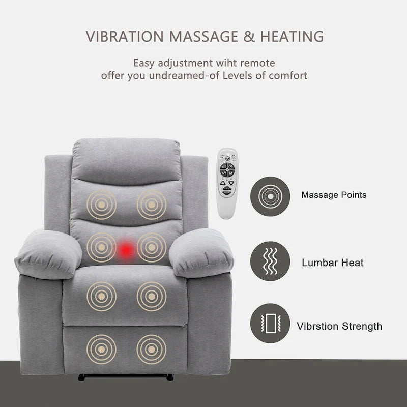 Sillón reclinable eléctrico de terciopelo gris claro con diseño ergonómico, calor, masaje, estructura de acero