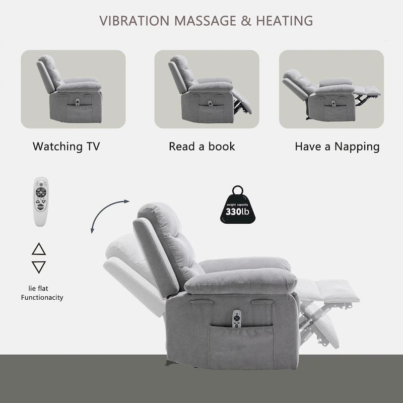Sillón reclinable eléctrico de terciopelo gris claro con diseño ergonómico, calor, masaje, estructura de acero