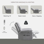 Sillón reclinable eléctrico de terciopelo gris claro con diseño ergonómico, calor, masaje, estructura de acero
