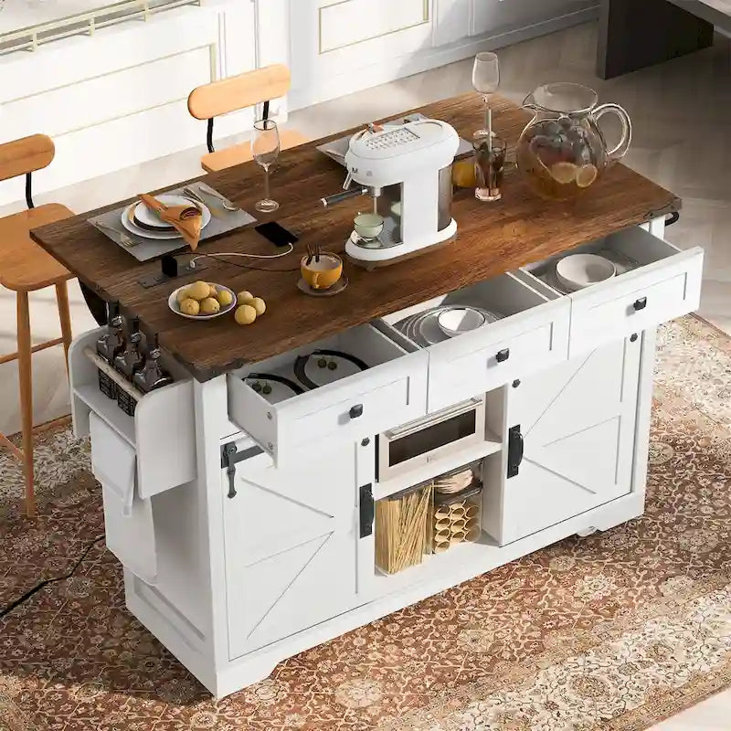 Blanco y Negro, Carro de Isla de Cocina de Granja con Toma de Corriente, 1 Persona