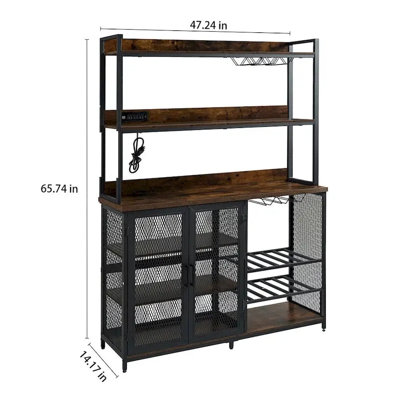 Mueble Buffet de 3 Niveles con Tira de Luces LED y Soporte para Copas, Toma de Corriente