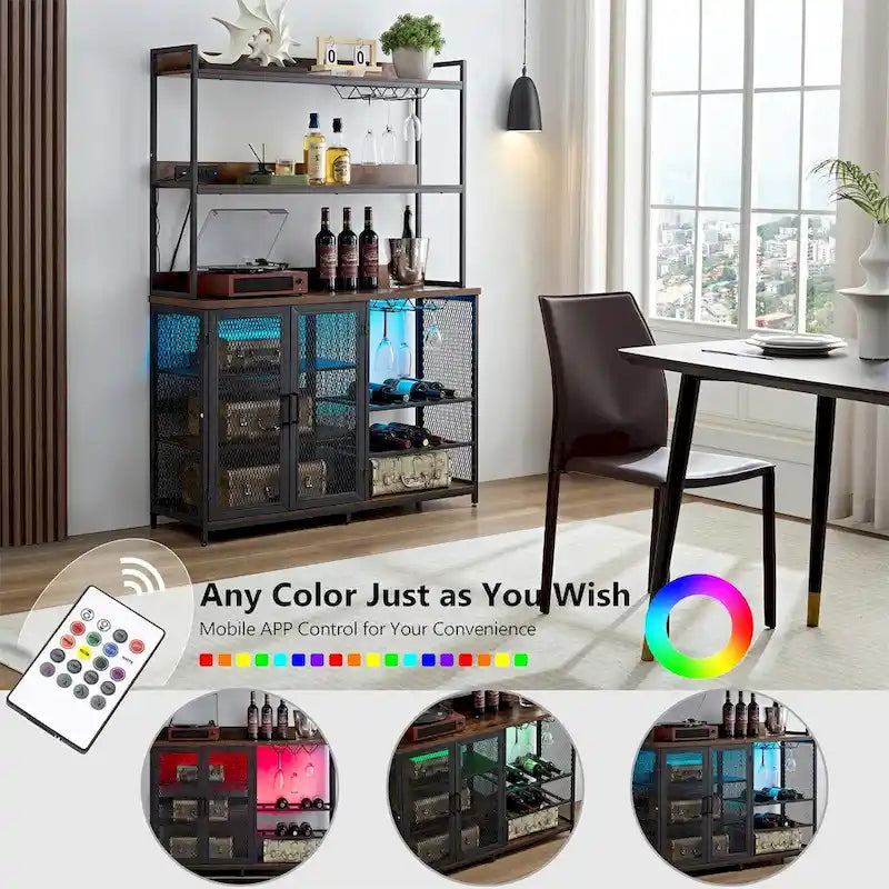 Mueble Buffet de 3 Niveles con Tira de Luces LED y Soporte para Copas, Toma de Corriente