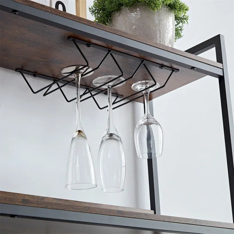 Mueble Buffet de 3 Niveles con Tira de Luces LED y Soporte para Copas, Toma de Corriente