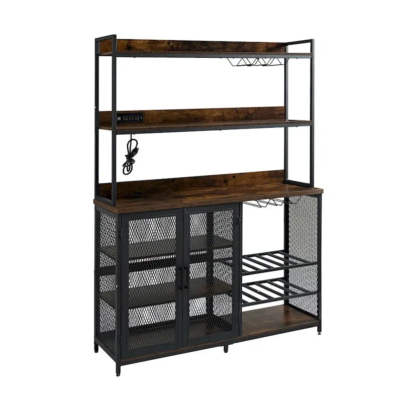 Mueble Buffet de 3 Niveles con Tira de Luces LED y Soporte para Copas, Toma de Corriente