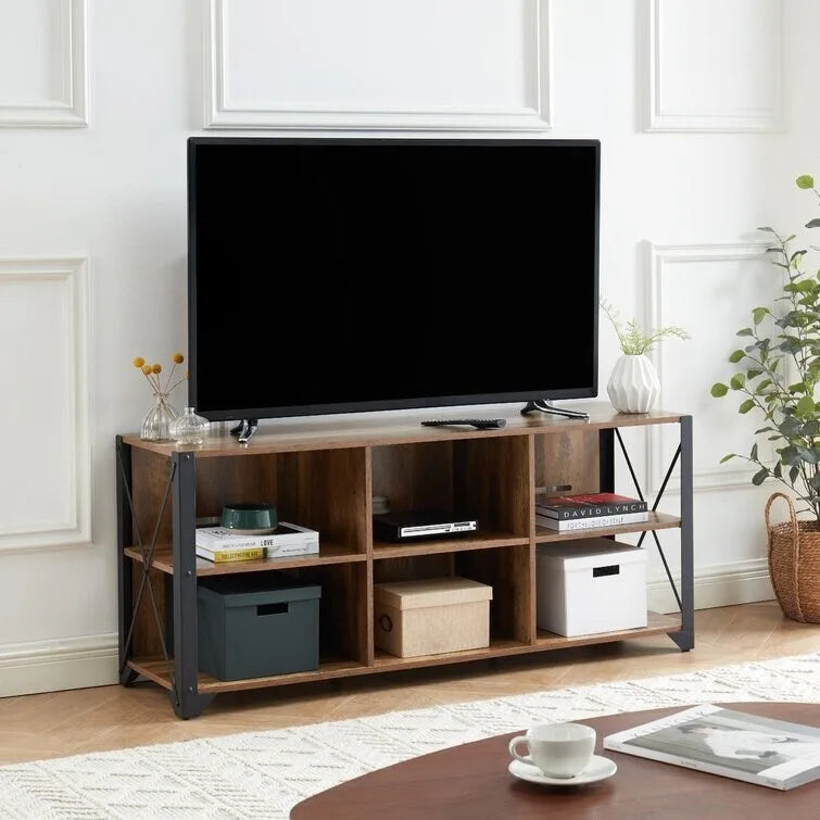 Mueble de TV industrial de nogal gris y roble rústico con 6 estantes, para hogares de 1 a 2 personas