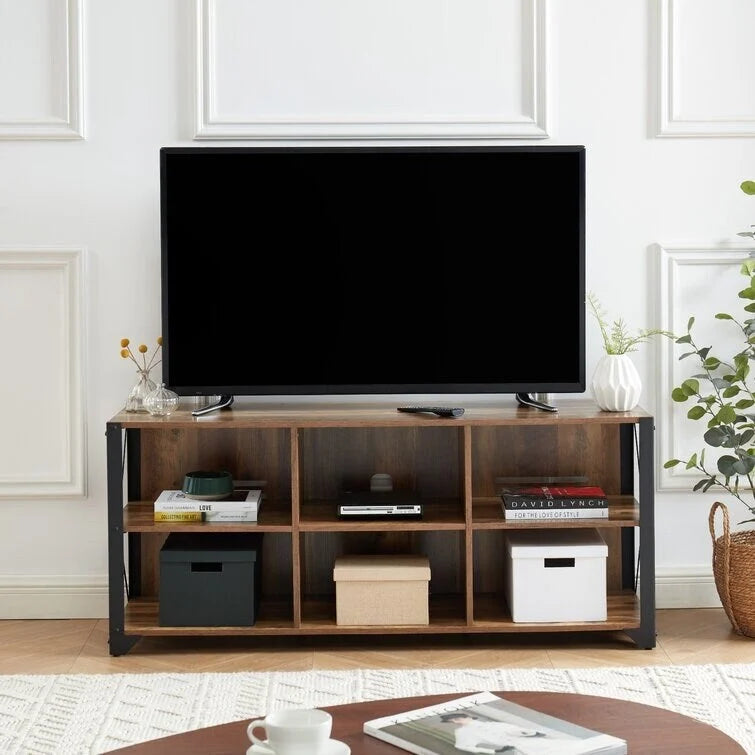 Mueble de TV industrial de nogal gris y roble rústico con 6 estantes, para hogares de 1 a 2 personas