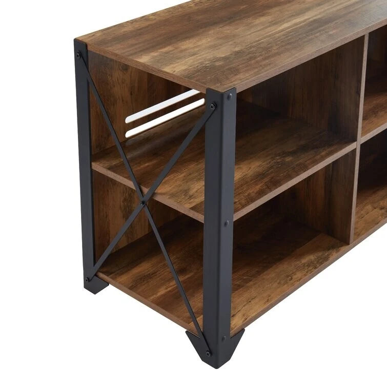 Mueble de TV industrial de nogal gris y roble rústico con 6 estantes, para hogares de 1 a 2 personas
