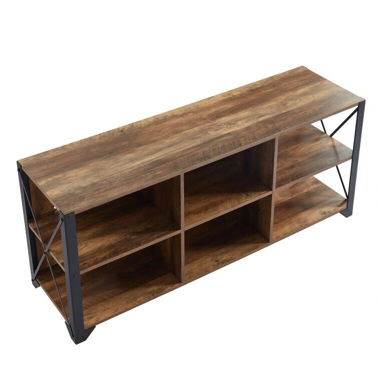 Mueble de TV industrial de nogal gris y roble rústico con 6 estantes, para hogares de 1 a 2 personas