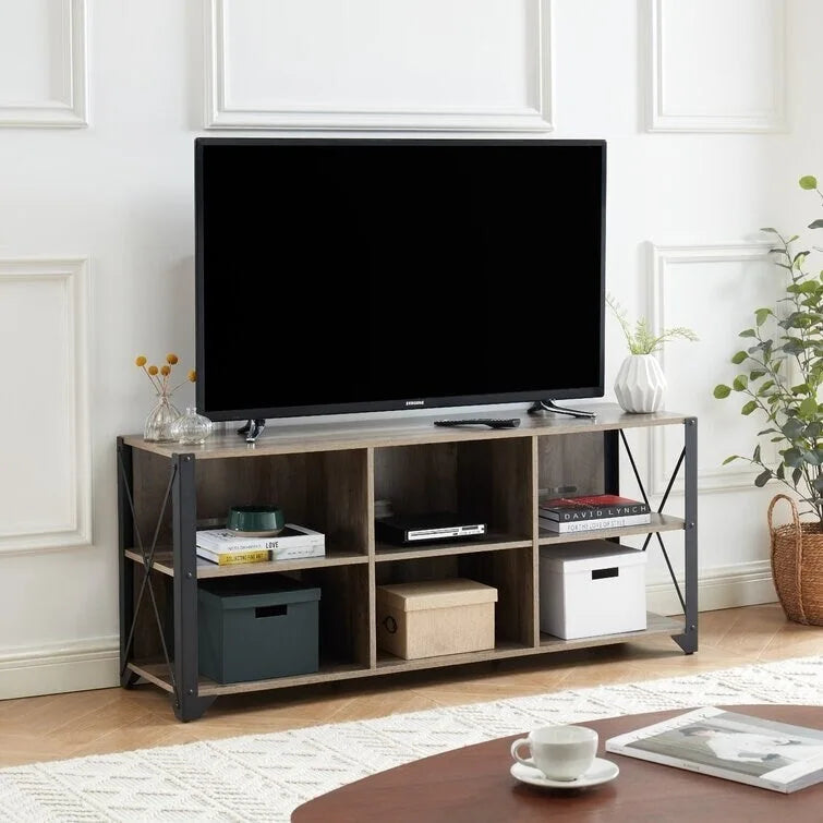Mueble de TV industrial de nogal gris y roble rústico con 6 estantes, para hogares de 1 a 2 personas