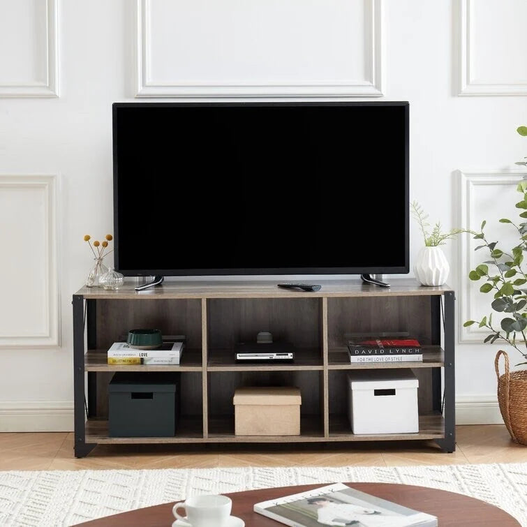 Mueble de TV industrial de nogal gris y roble rústico con 6 estantes, para hogares de 1 a 2 personas