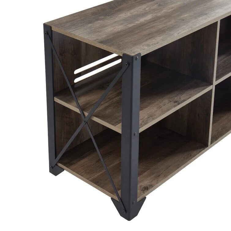 Mueble de TV industrial de nogal gris y roble rústico con 6 estantes, para hogares de 1 a 2 personas